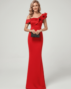 Velmora Maxi Dress in red, off-shoulder, stretchy mermaid silhouette with ruffle detail by Lauven.