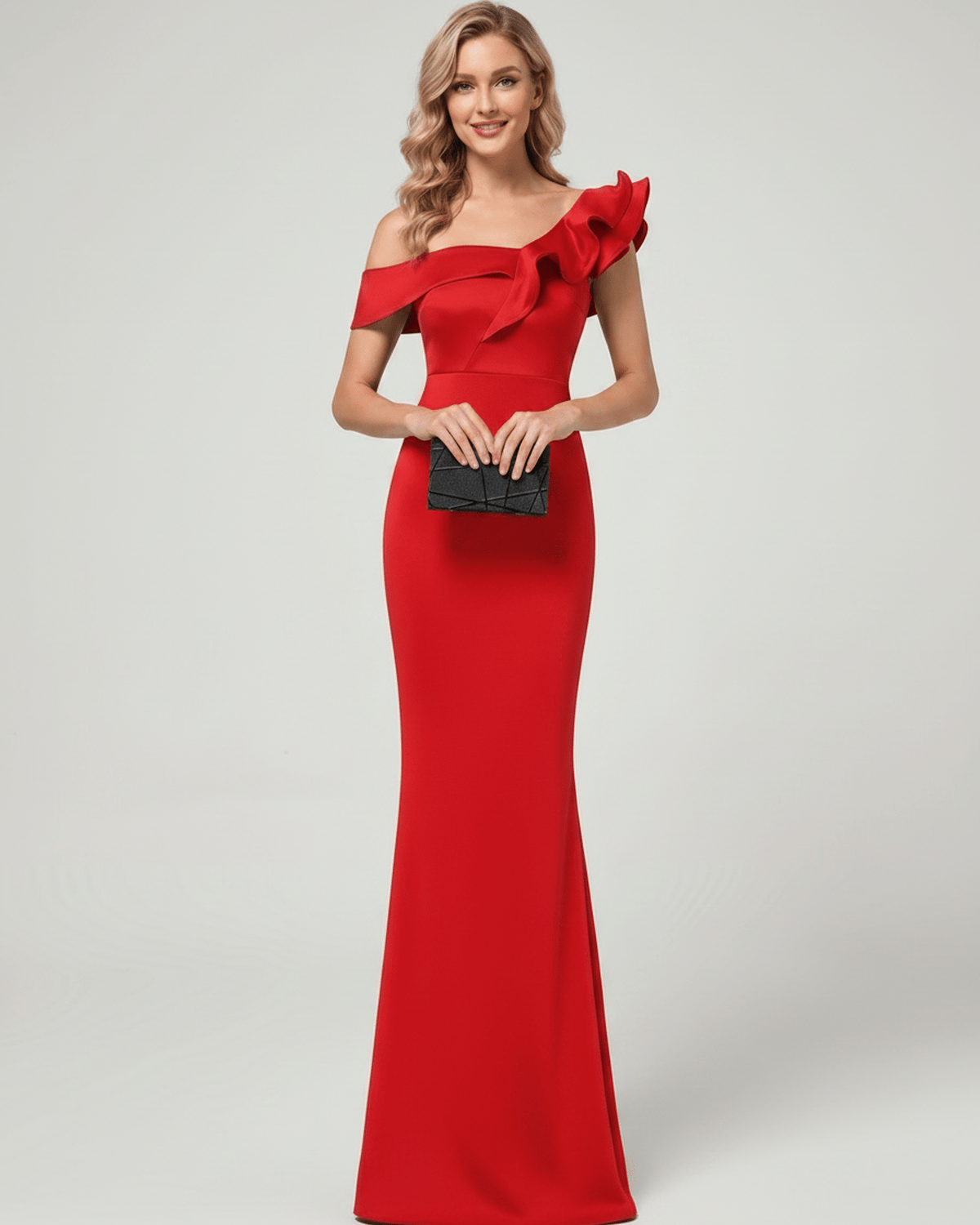 Velmora Maxi Dress in red, off-shoulder, stretchy mermaid silhouette with ruffle detail by Lauven.