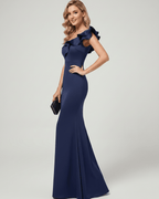 Velmora Maxi Dress featuring an off-shoulder neckline, mermaid silhouette, and ruffle detail by Lauven.