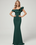 Velmora Maxi Dress in green, featuring off-shoulder neckline, mermaid silhouette, and ruffle detail by Lauven.