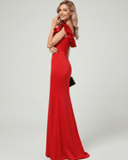 Velmora Maxi Dress in red with off-shoulder neckline, asymmetric ruffle detail, and mermaid silhouette from Lauven.