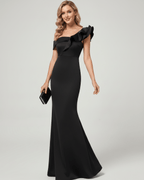 Velmora Maxi Dress featuring off-shoulder neckline and asymmetrical ruffle detail, by Lauven, stylish and elegant look.