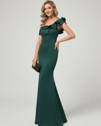 Velmora Maxi Dress in green, off-shoulder neckline, mermaid silhouette, soft ruffles, designed by Lauven.