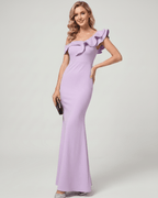 Velmora Maxi Dress in lavender, featuring an off-shoulder neckline and ruffle detailing by Lauven.