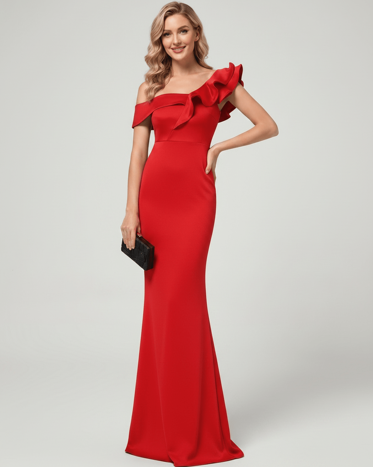 Velmora Maxi Dress in bold red with off-shoulder neckline and ruffle detail, showcasing a structured silhouette by Lauven.