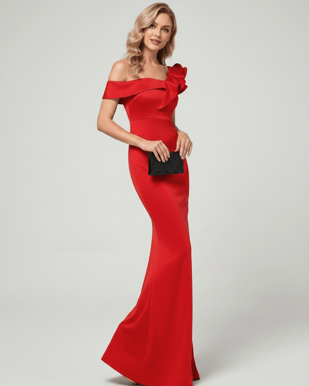 Velmora Maxi Dress in red, featuring off-shoulder neckline and mermaid silhouette by Lauven, perfect for elegant occasions.