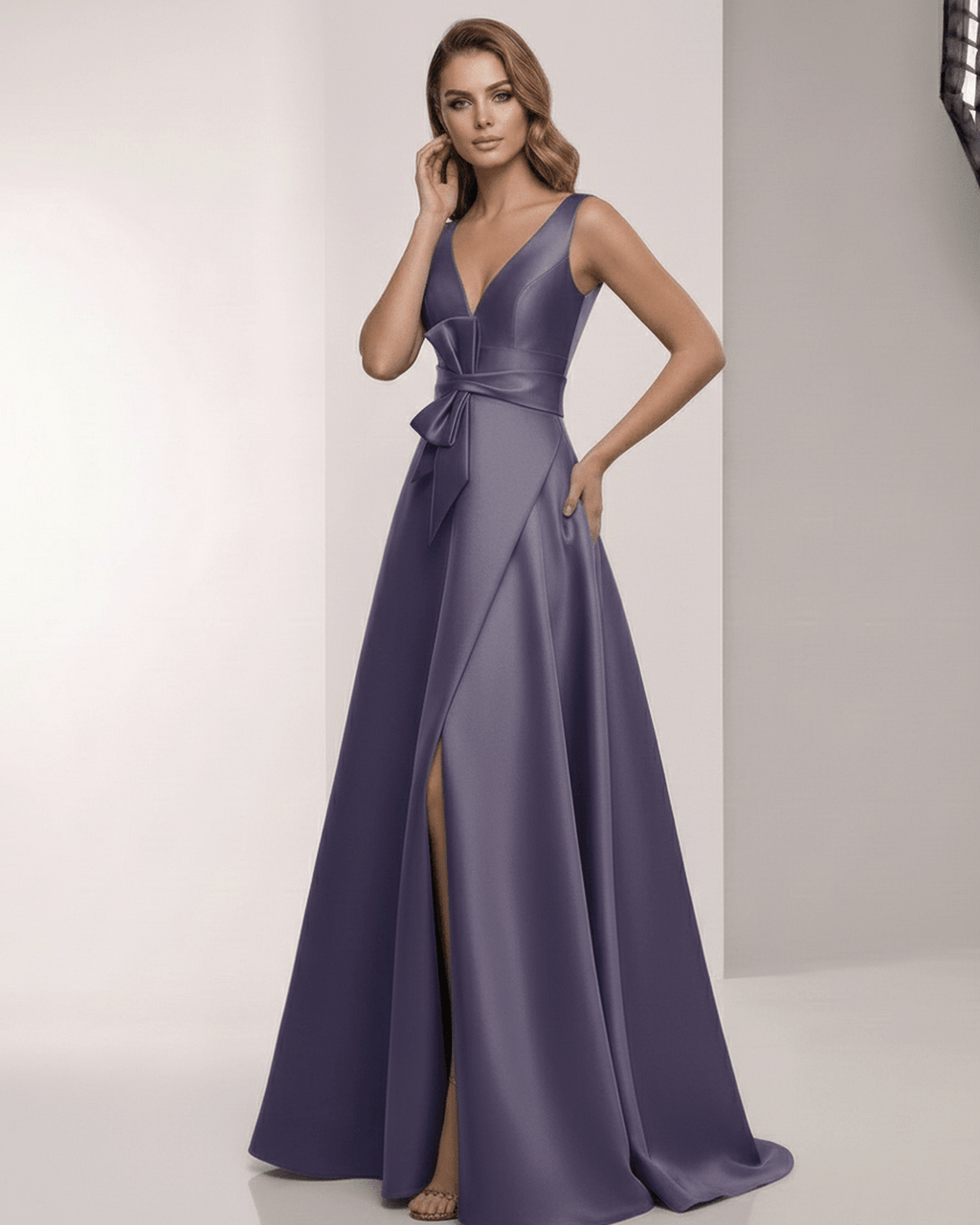 Veloura Maxi Dress - Elegant satin A-Line, blue with V-Neck, bow detail for formal occasions by Lauven.