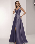 Veloura Maxi Dress - Elegant satin A-Line, blue with V-Neck, bow detail for formal occasions by Lauven.