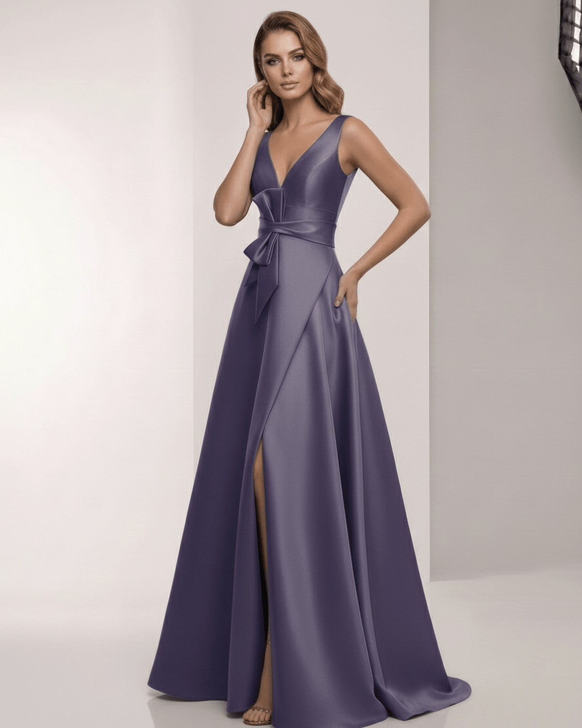 Veloura Maxi Dress - Elegant satin A-Line, blue with V-Neck, bow detail for formal occasions by Lauven.
