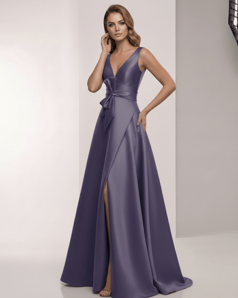 Veloura Maxi Dress - Elegant satin A-Line, blue with V-Neck, bow detail for formal occasions by Lauven.