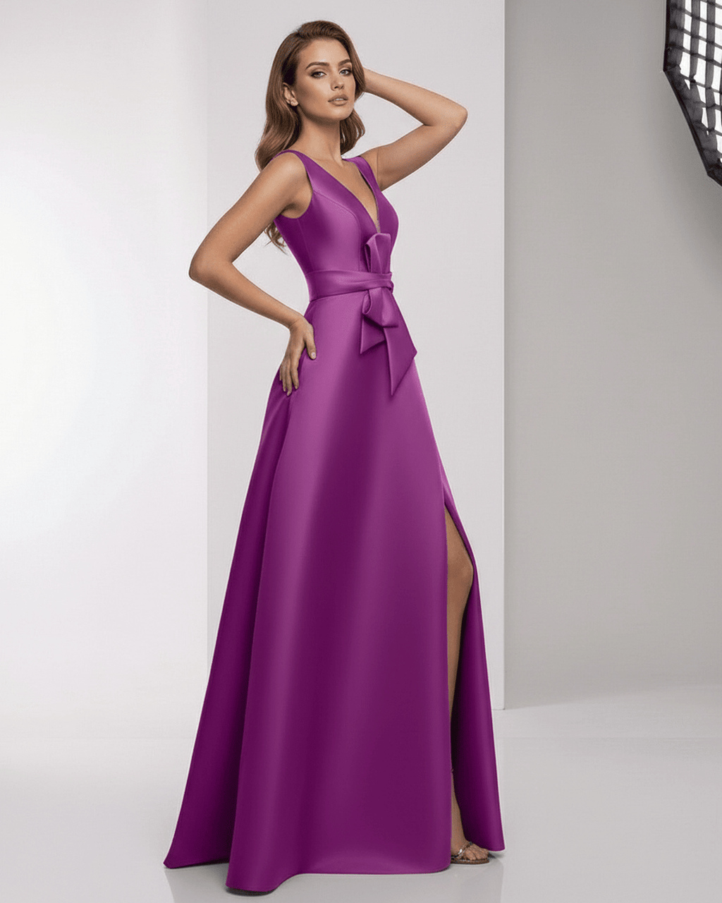 Veloura Maxi Dress in purple satin with wrap slit, bow waist, elegant A-line silhouette by Lauven.
