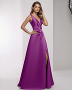 Veloura Maxi Dress in vibrant purple satin, A-Line silhouette, wrap slit, bow waist by Lauven, perfect for elegant occasions.