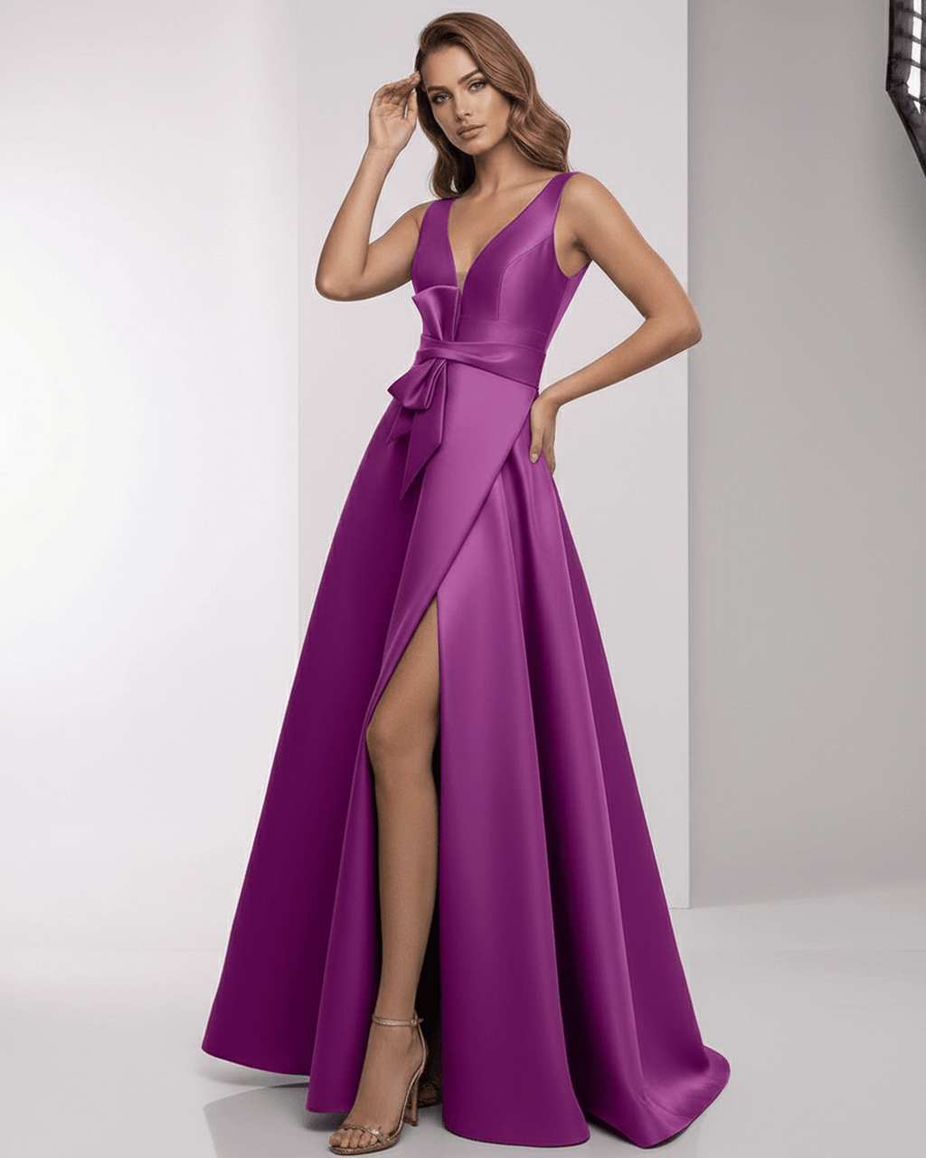 Veloura Maxi Dress showcasing a purple satin A-line design with a wrap slit and bow waist, perfect for elegant occasions.