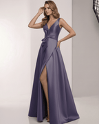 Veloura Maxi Dress - Elegant satin purple A-Line dress with V-neck and bow detail by Lauven.