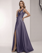 Veloura Maxi Dress - Elegant satin A-line purple dress with V-neck, bow detail, and a graceful silhouette by Lauven.