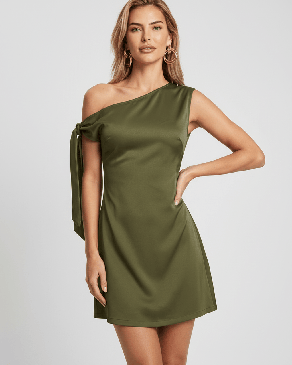 Veloura Mini Dress in olive green, featuring asymmetric neckline and satin finish for a modern, refined look by Lauven.