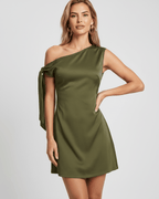 Veloura Mini Dress in olive green, featuring asymmetric neckline and satin finish for a modern, refined look by Lauven.