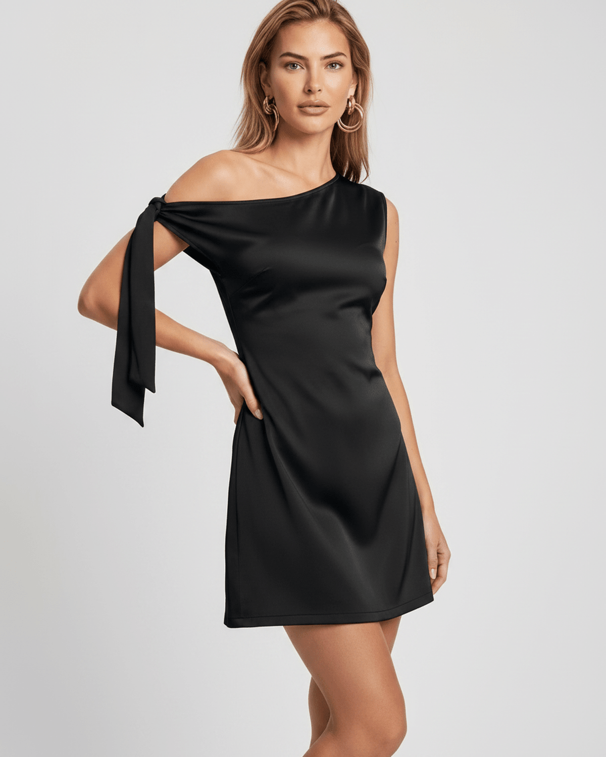 Veloura Mini Dress in sleek satin finish with asymmetric neckline, showcasing elegance by Lauven, perfect for any occasion.