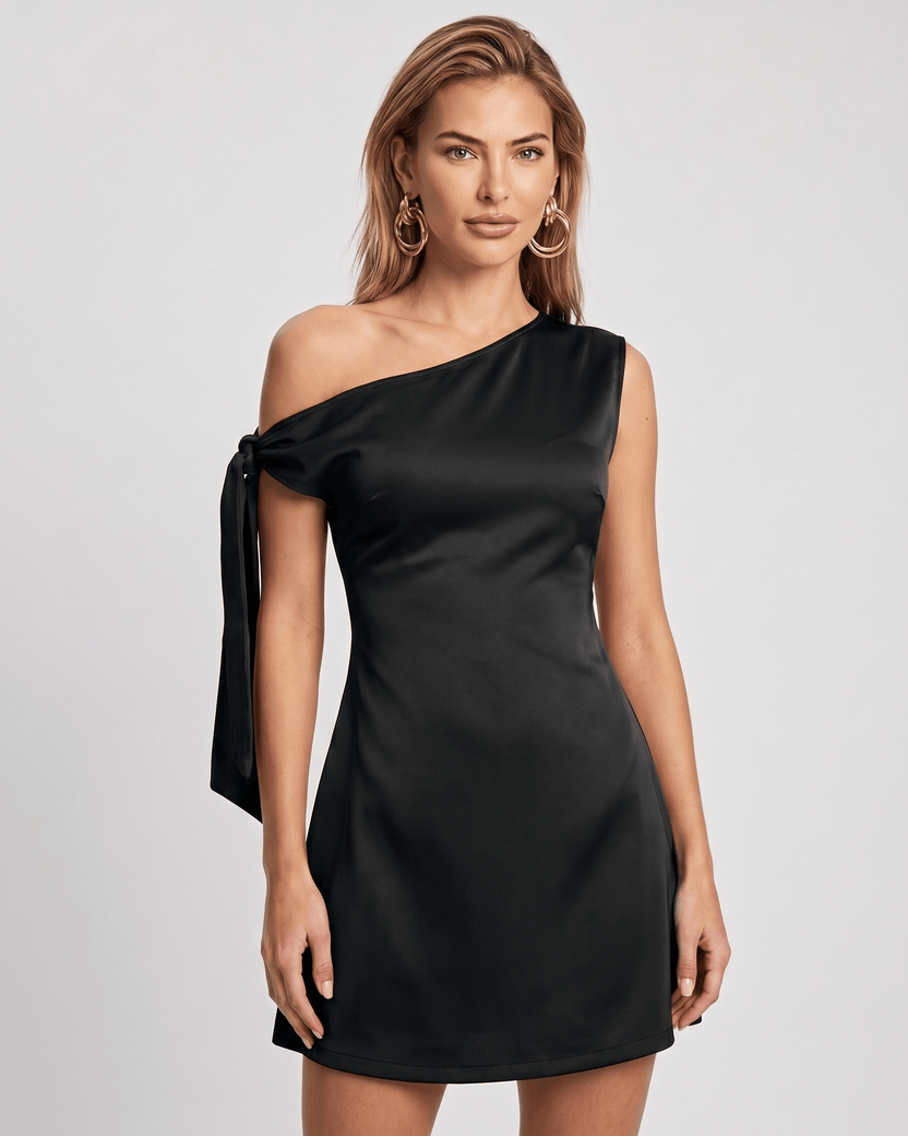 Veloura Mini Dress featuring an asymmetric off-shoulder neckline and satin finish. Designed by Lauven for a chic, modern look.