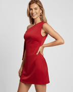 Veloura Mini Dress in red with satin finish and asymmetric neckline by Lauven, perfect for versatile occasions.