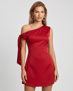 Veloura Mini Dress in red satin finish, featuring asymmetric neckline and stylish A-line silhouette by Lauven.