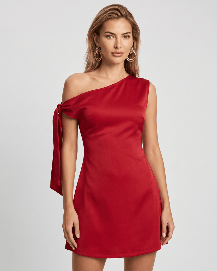 Veloura Mini Dress in red satin finish, featuring asymmetric neckline and stylish A-line silhouette by Lauven.