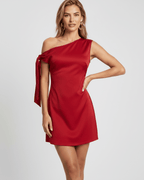 Veloura Mini Dress featuring satin finish, asymmetric neckline, and A-line silhouette by Lauven.