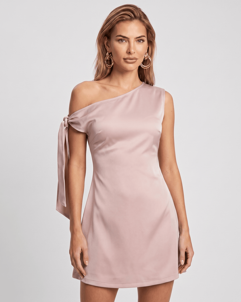 Veloura Mini Dress by Lauven, asymmetric neckline, satin finish, stylish and versatile for various occasions.