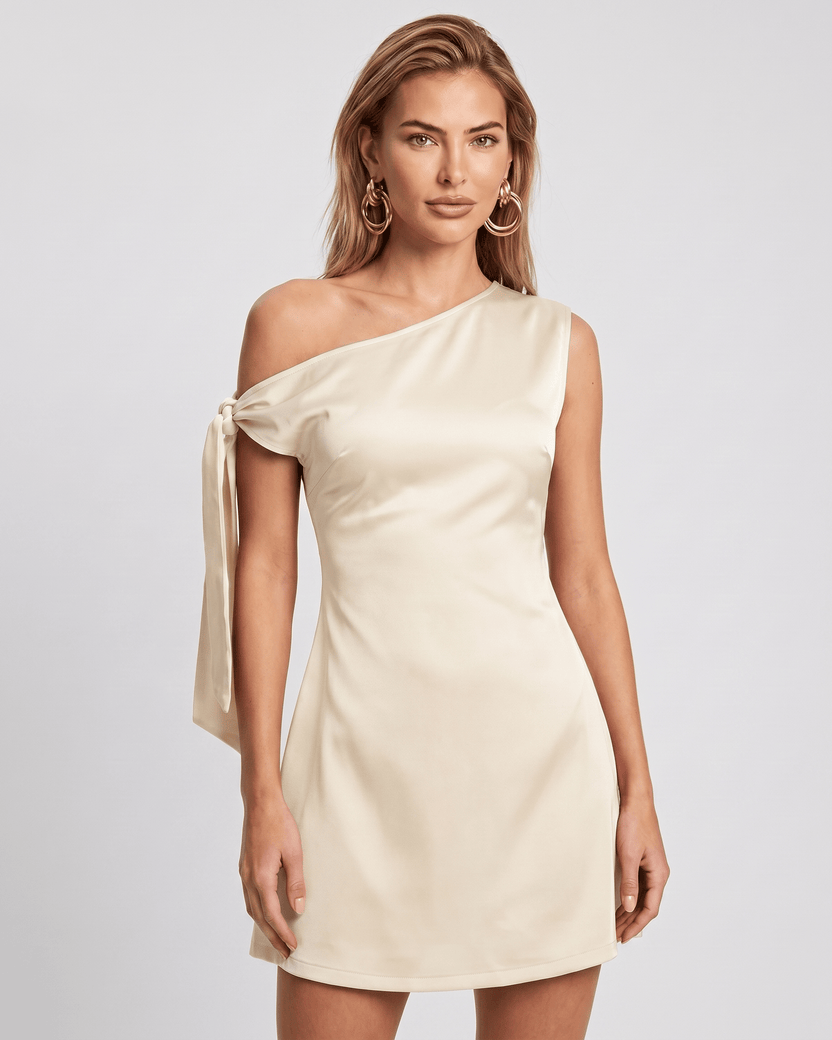 Veloura Mini Dress featuring satin finish, asymmetric neckline, and lightweight feel by Lauven.