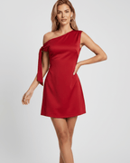 Veloura Mini Dress - Asymmetric neckline, satin finish, A-line silhouette by Lauven, perfect for versatile occasions.