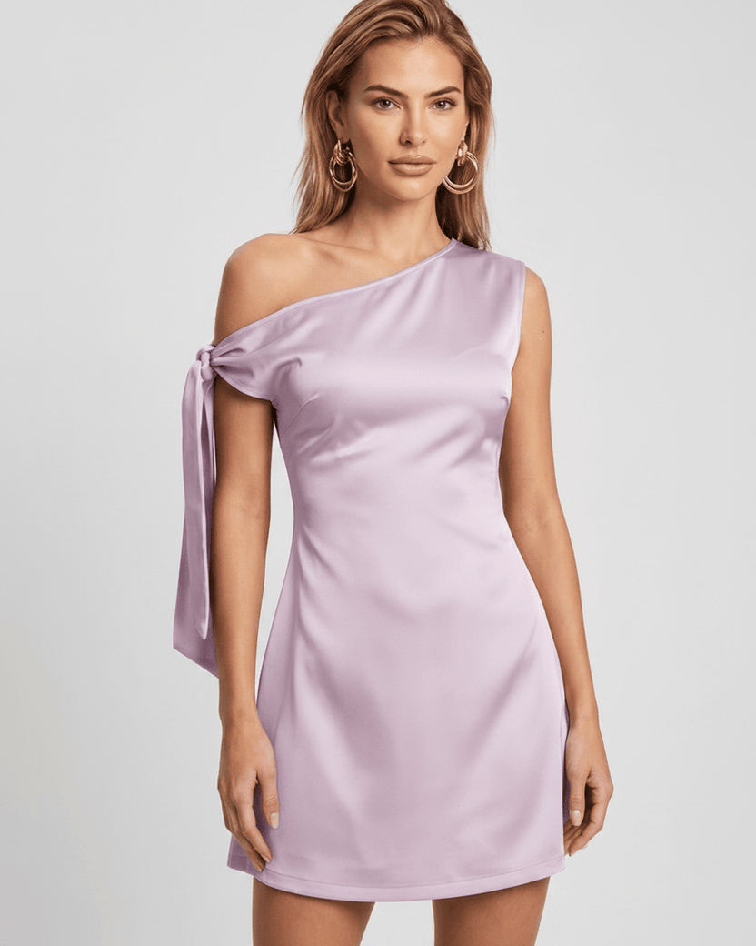 Veloura Mini Dress in lilac satin, featuring an asymmetric neckline and elegant A-line silhouette by Lauven.