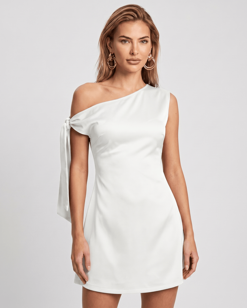 Veloura Mini Dress featuring a satin finish, asymmetric neckline, and modern A-line silhouette by Lauven.