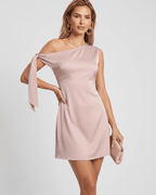 Veloura Mini Dress featuring asymmetric neckline and satin finish for a modern look by Lauven.