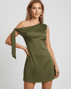 Veloura Mini Dress featuring satin finish, asymmetric neckline, versatile A-line silhouette by Lauven.