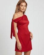 Veloura Mini Dress in red with asymmetric neckline, satin finish, and A-line silhouette by Lauven