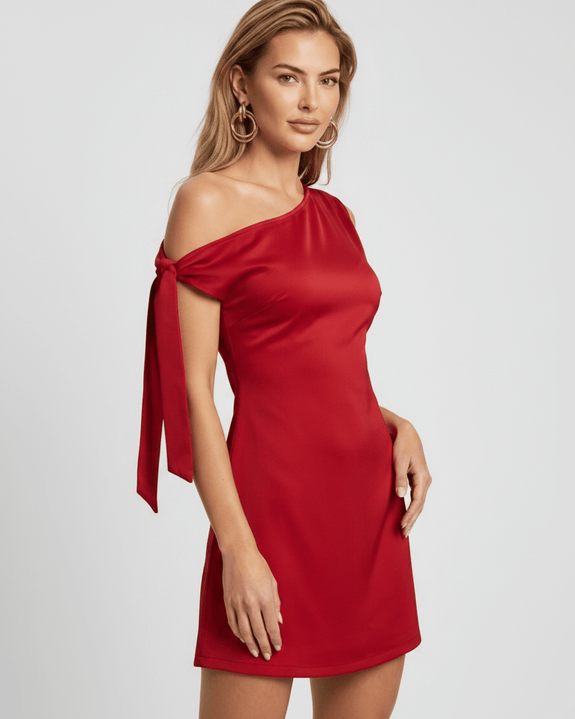 Veloura Mini Dress in red with asymmetric neckline, satin finish, and A-line silhouette by Lauven