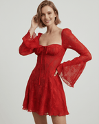Venera Mini Dress by Lauven, red lace bodycon dress with square neckline and romantic flare sleeves.