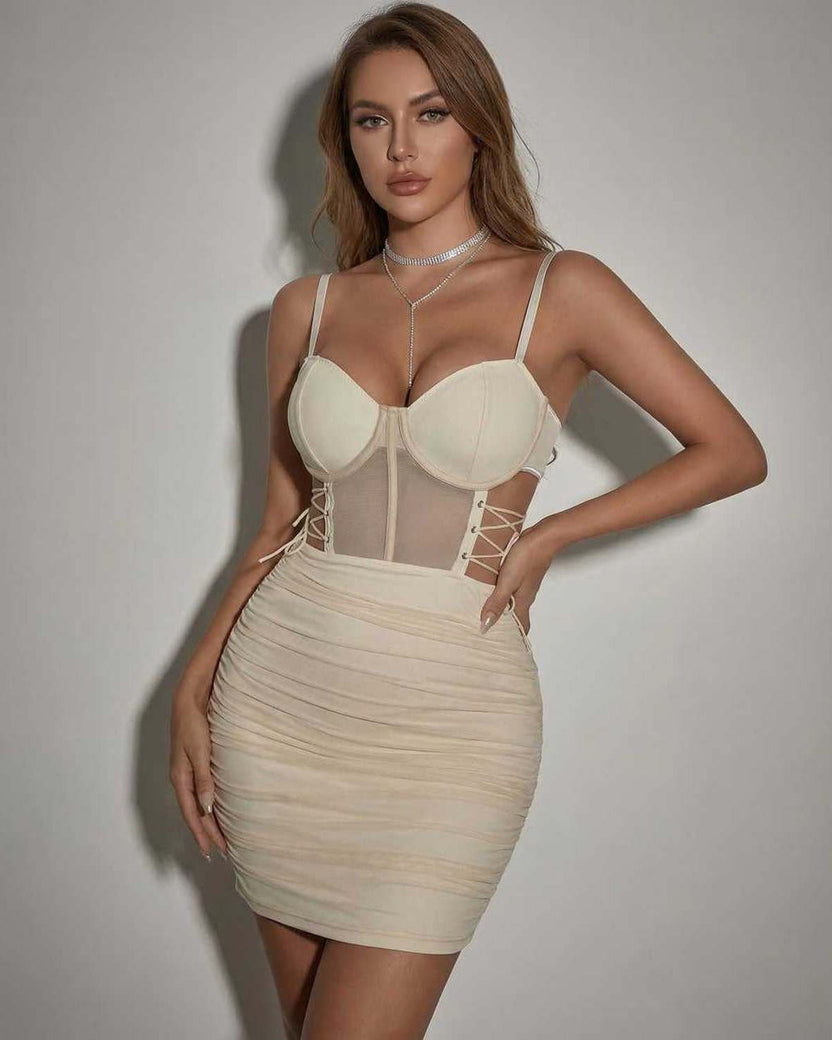 Venice Mini Dress by Lauven, beige sheer panel pencil dress with body-hugging fit and alluring details.
