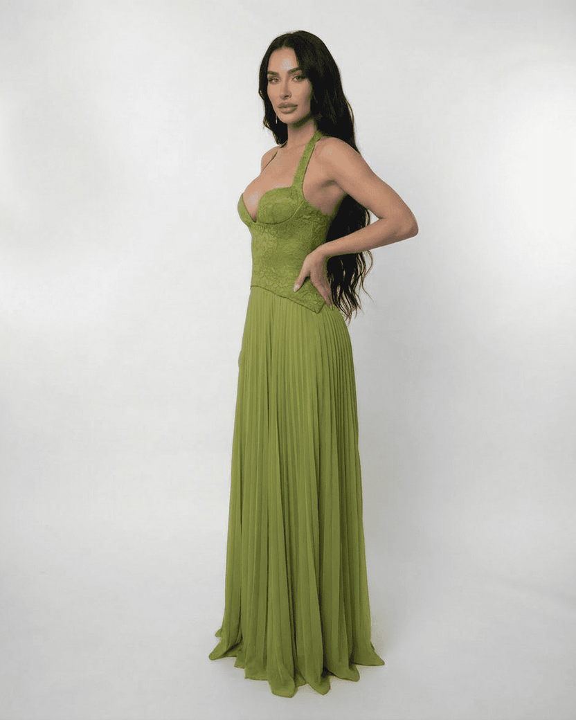 Verdant Maxi Dress by Lauven featuring a lace bodice and flowing pleated skirt in a rich olive green tone.