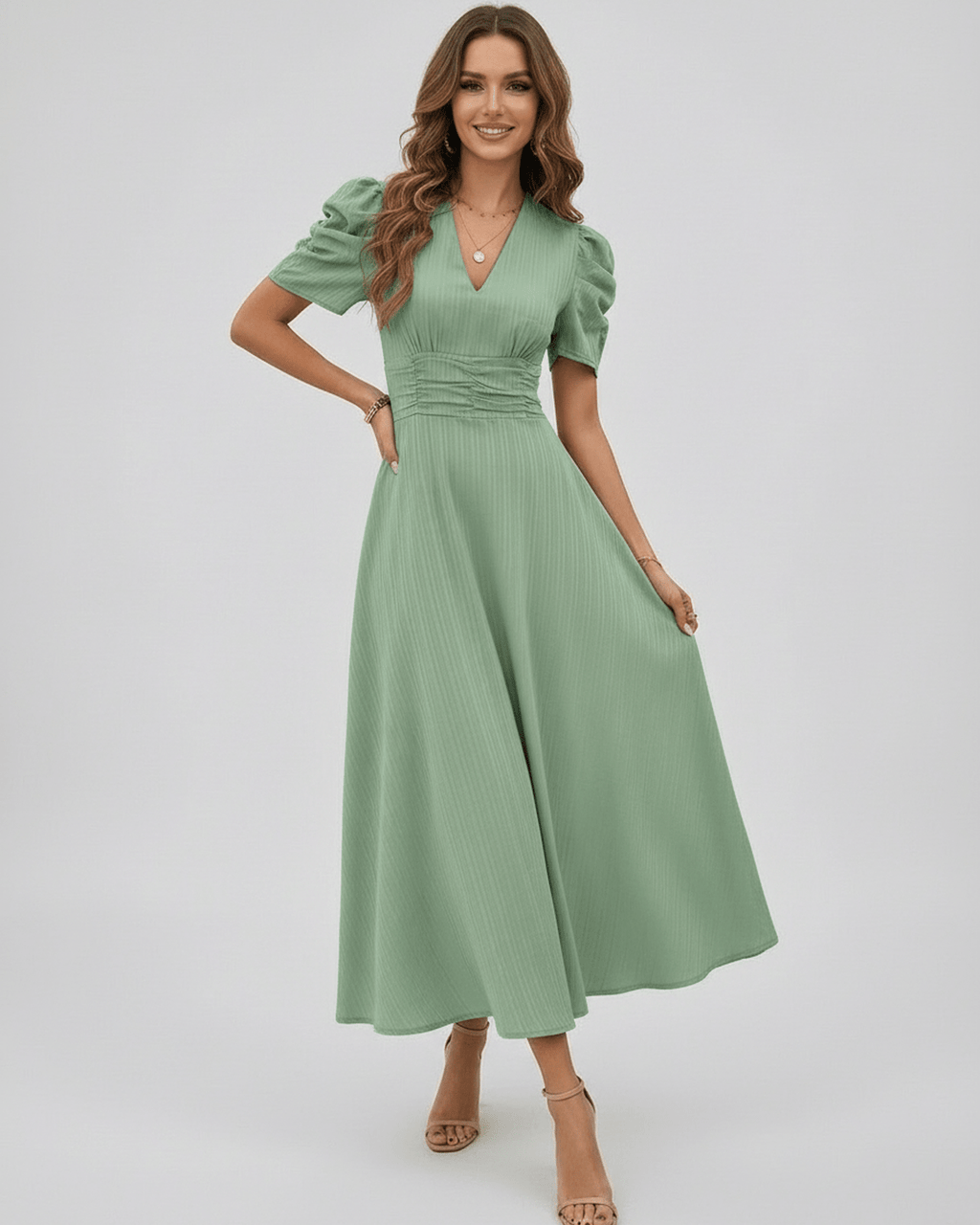 Verdant Midi Dress in sage green with puff sleeves and V-neck, perfect for elegant occasions by Lauven.