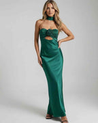 Verde Maxi Dress by Lauven – Stunning emerald satin fit and flare gown with unique rose detail and strapless neckline.