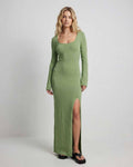 Verde Maxi Dress by Lauven - Long sleeve slim fit ankle-length dress with side slit in green.
