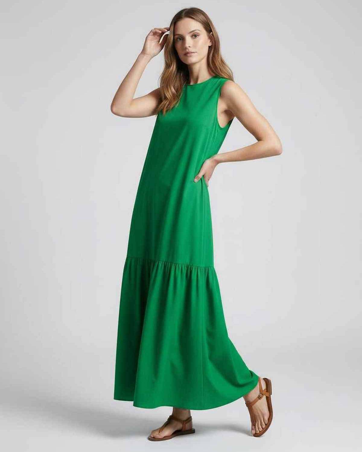 Verde Midi Dress by Lauven, vibrant green sleeveless style, relaxed A-line silhouette for effortless summer wear.
