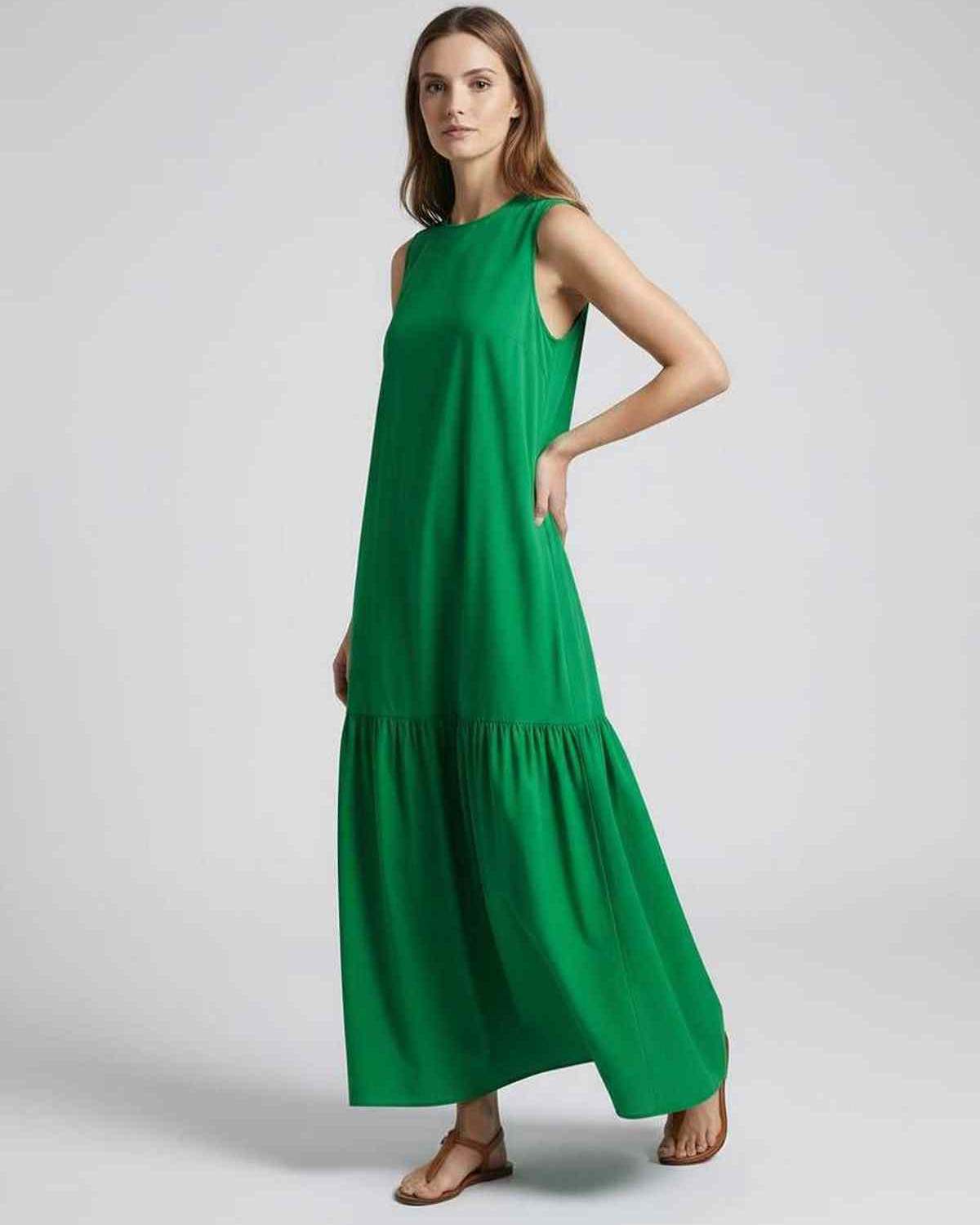 Verde Midi Dress in vibrant green, sleeveless with flowing A-line shape for casual summer style by Lauven.