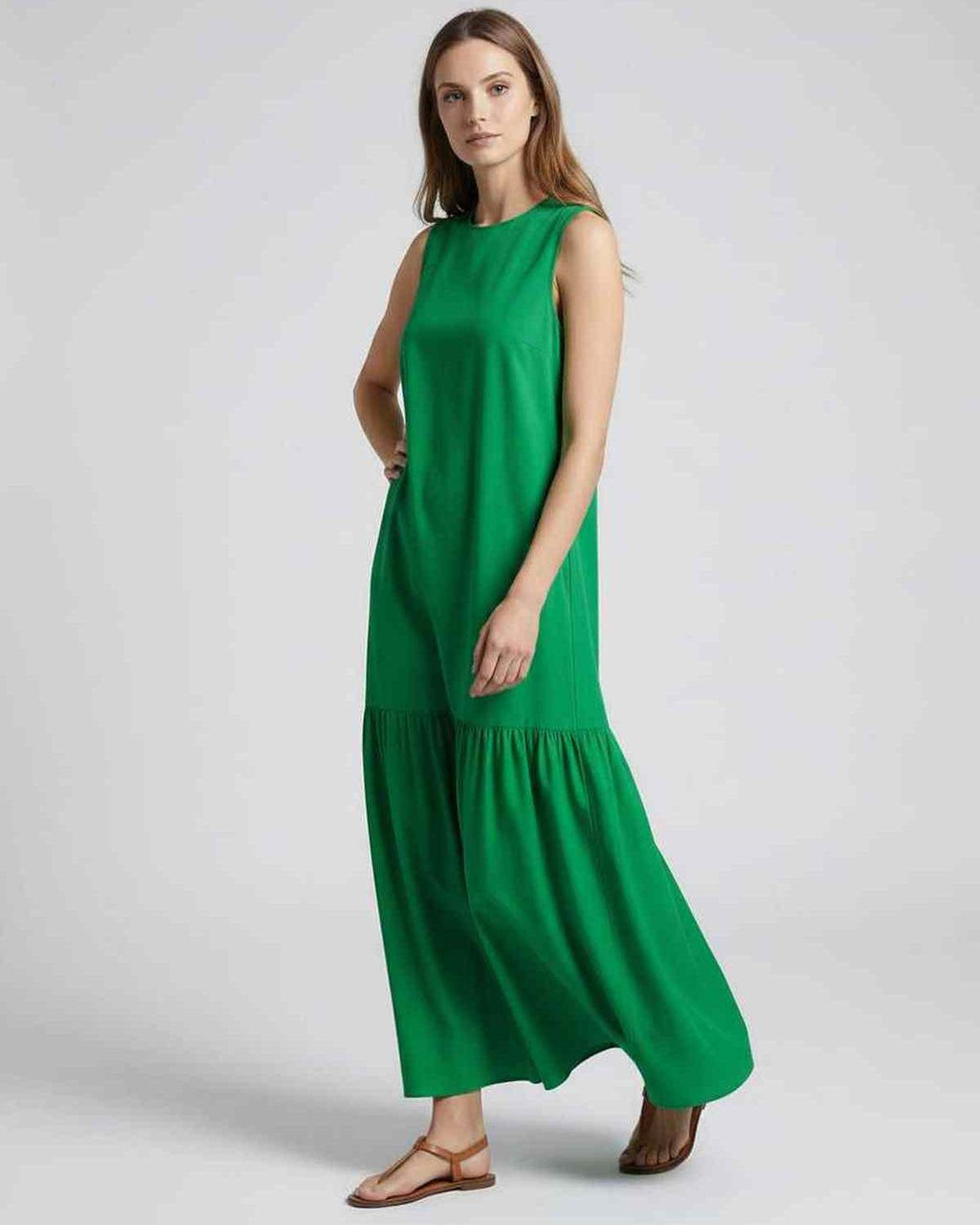 Verde Midi Dress - sleeveless green dress by Lauven, featuring relaxed A-line silhouette for effortless summer style.