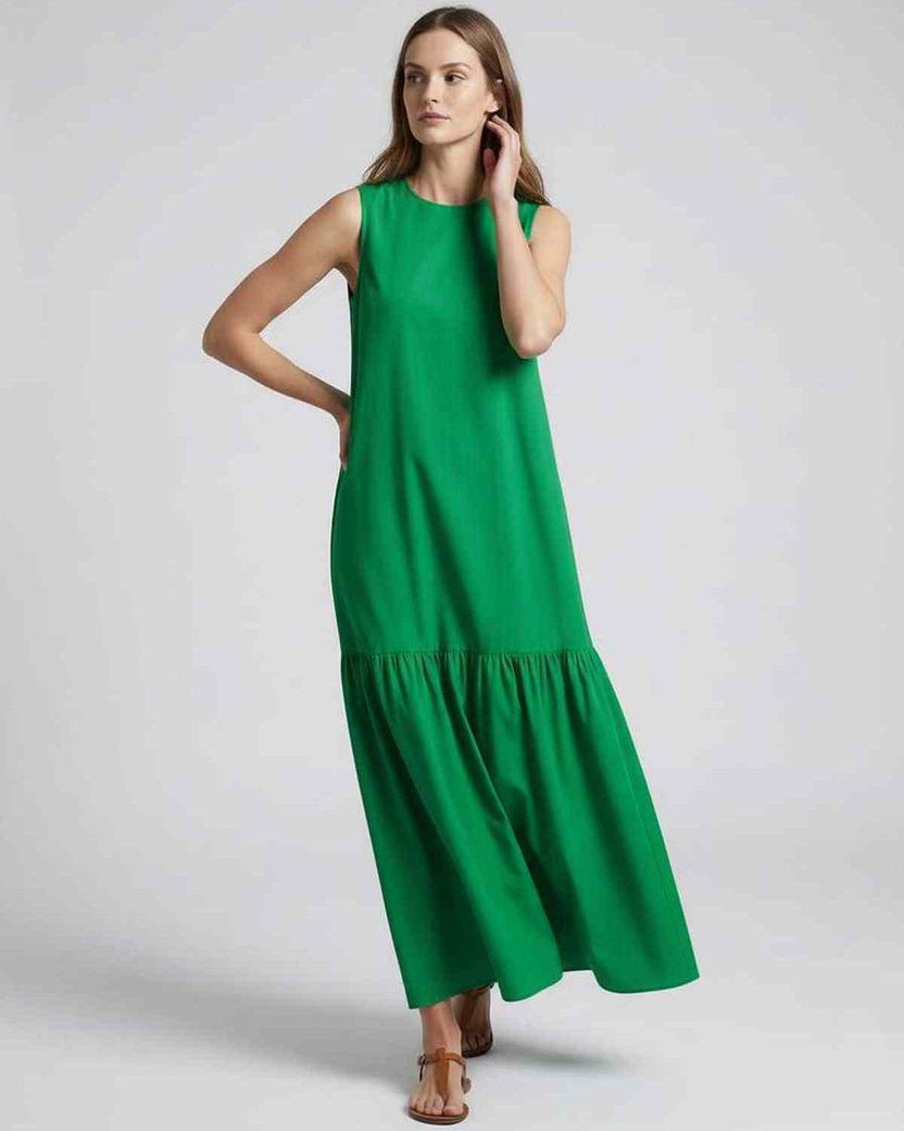Verde Midi Dress by Lauven, green sleeveless casual summer dress with flowing A-line silhouette and elevated style.