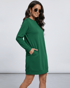Verde Mini Dress by Lauven, casual emerald green sweatshirt dress with pockets and a relaxed fit.