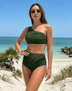 Lauven Verde Two-Piece Swimsuit in green, featuring asymmetric design and high-waist bottoms, perfect for beachwear.
