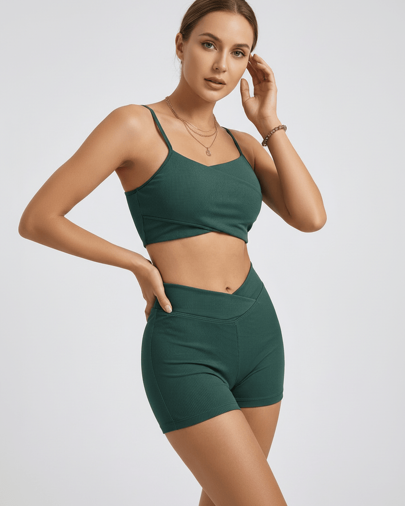 Lauven Verdea Two-Piece Swimsuit green sleeveless top with shorts, crafted from high-elasticity polyester.