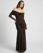 Verona Maxi Dress - Brown off shoulder maxi dress with sheer long sleeves and floral detailing, by Lauven.
